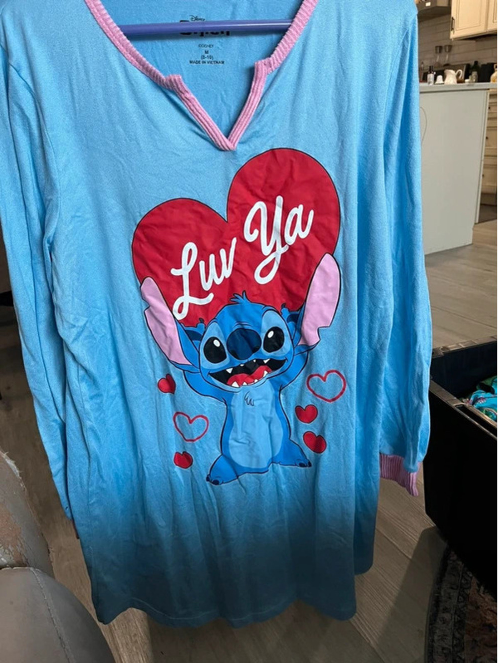 Disney Stitch Nightshirt Womens , M (8-10), Blue With Graphics Girls Shirt - Picture 2 of 9